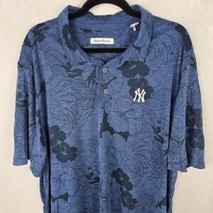 Tommy Bahama New York Yankees Polo Shirt Mens 3XL TG Blue Floral Hibiscus Tencel